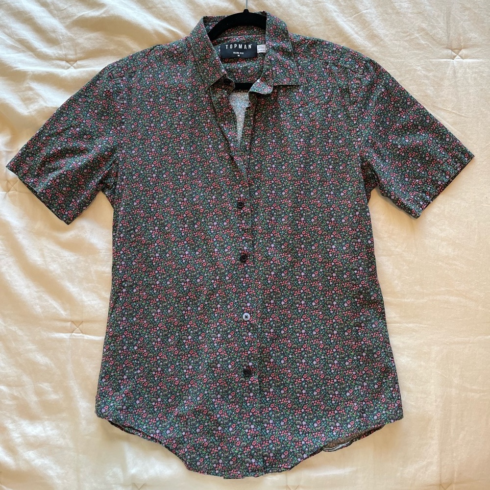 short sleeve button down with floral zebra design